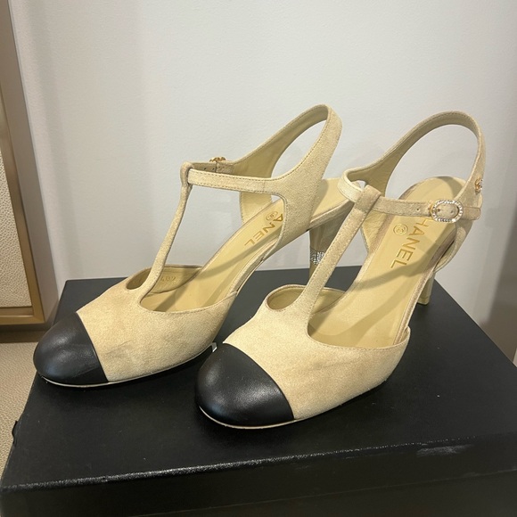 CHANEL Beige and Black T-Strap Heels